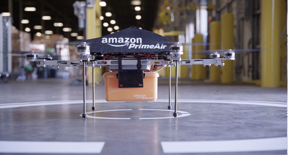Amazon Prime Air drone holding a package