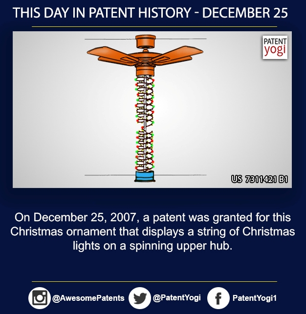 PatentYogi_On December 25, 2007,  a patent was granted for this Christmas ornament that displays a string of Christmas lights on a spinning upper hub