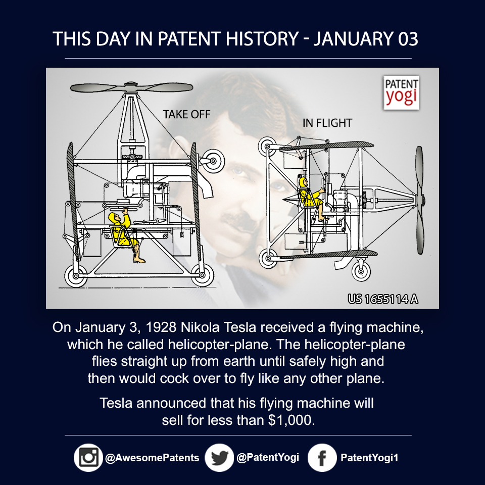 PatentYogi_On January 3, 1928 Nikola Tesla received a flying machine, which he called helicopter-plane