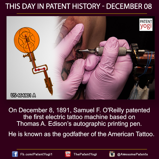 PatentYogy_On December 8, 1891, Samuel F O'Reilly patented the first electric tattoo machine based on Thomas A Edison’s autographic printing pen