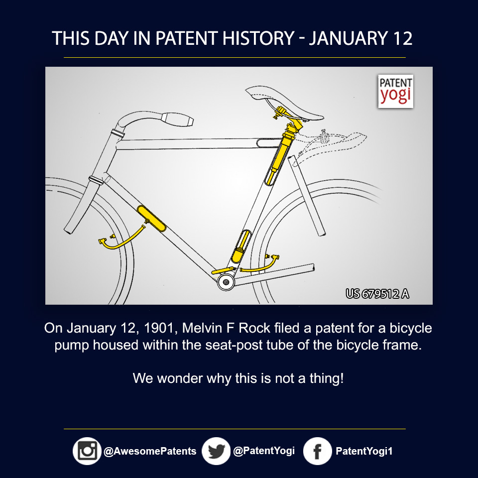 PatentYogi_On January 12, 1901, Melvin F Rock filed a patent for a bicycle pump housed within the seat-post tube of the bicycle frame