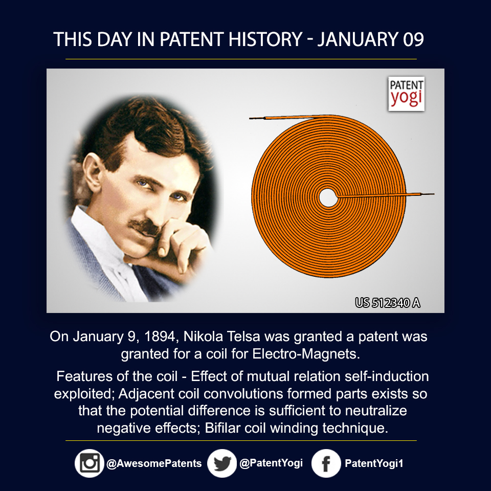 PatentYogi_On January 9, 1894, Nikola Telsa was granted a patent was granted for a coil for Electro-Magnets.