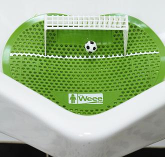 Push the ball into the soccer goal with force of pee