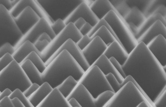 Scanning electron microscope photograph of a textured silicon surface. Image Courtesy of The School of Photovoltaic & Renewable Energy Engineering, University of New South Wales