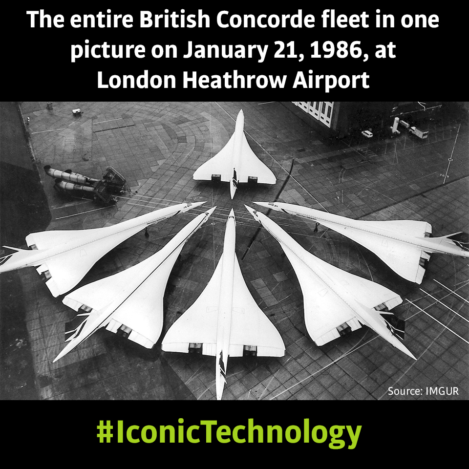 The entire British Concorde fleet in one picture on January 21, 1986, at London Heathrow Airport