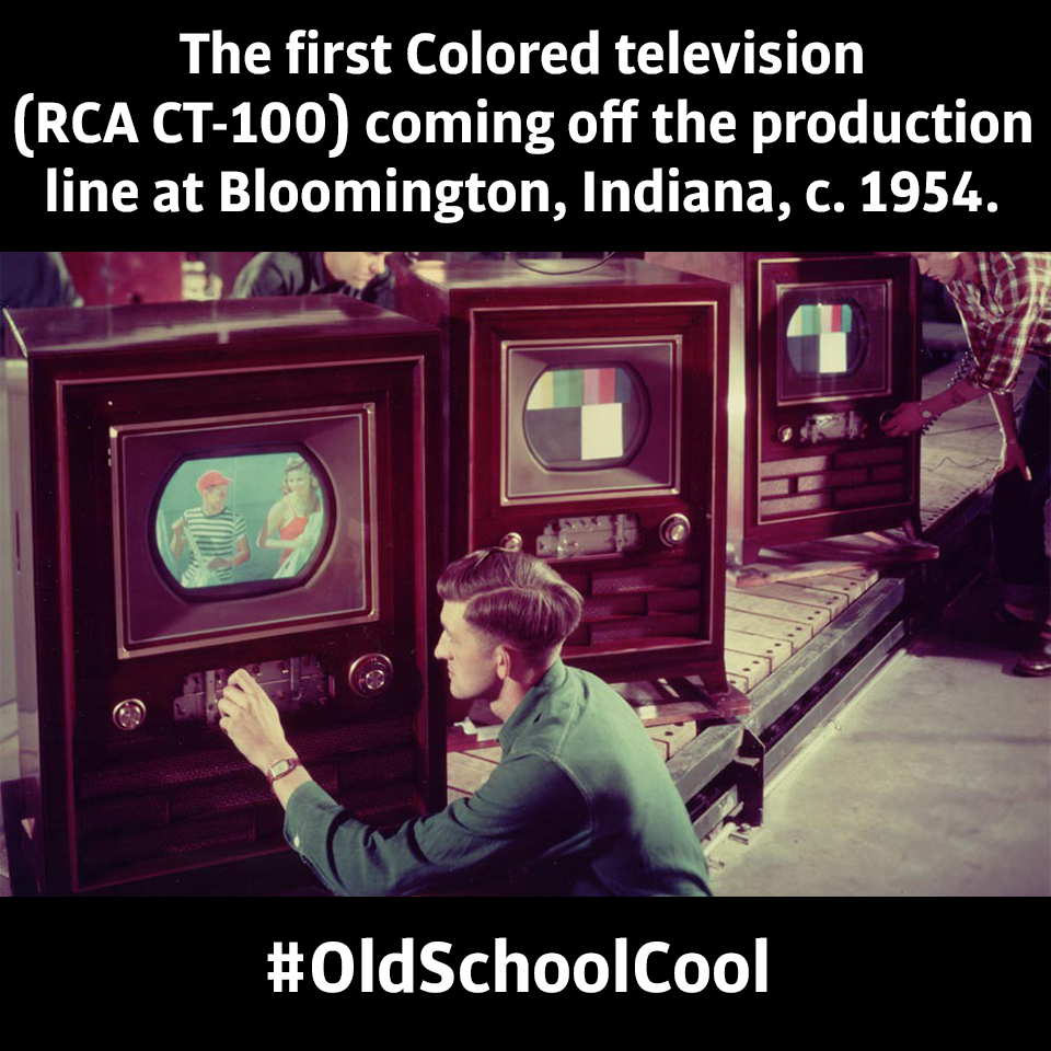 The first Colored television (RCA CT-100) coming off the production line at Bloomington, Indiana, c 1954